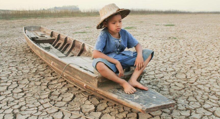 Sad Child Dry River Freshwater Drought Climate Change